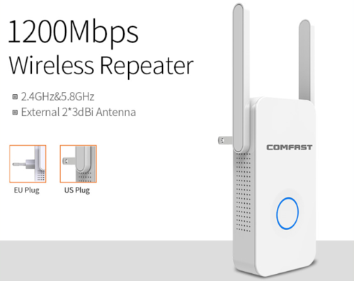1200Mbps Extender Antenna Router Booster WiFi Extender Repeater in black with adjustable antenna for enhanced wireless signal range