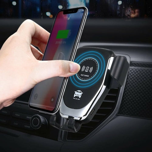 Ninja Dragon QI X Universal Wireless Charger with car mount holder in black, featuring adjustable cradle for smartphones and sleek design