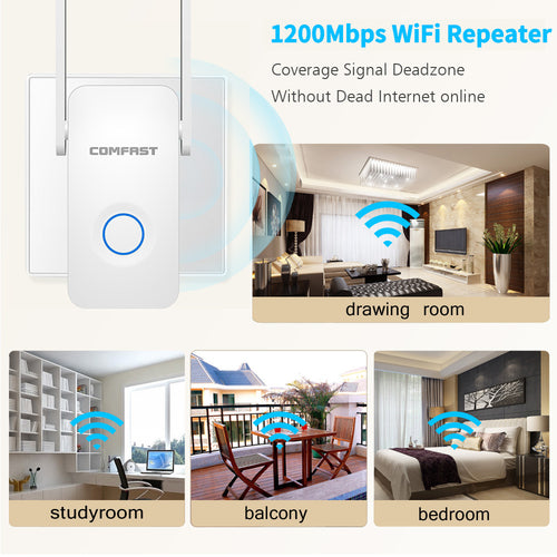 1200Mbps Extender Antenna Router Booster WiFi Extender Repeater with black plastic casing and adjustable antenna for signal enhancement