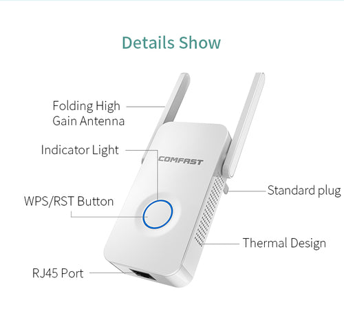 1200Mbps Extender Antenna Router Booster WiFi Extender Repeater in black with adjustable antenna for enhanced wireless coverage.