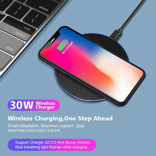 Dragon W9 30W Wireless Charging Pad in black with smooth surface, ideal for fast charging smartphones and compatible devices.