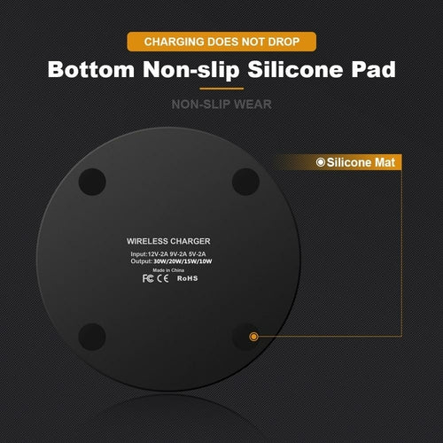 Dragon W9 30W Wireless Charging Pad in black with smooth surface, designed for fast charging smartphones and compatible devices.
