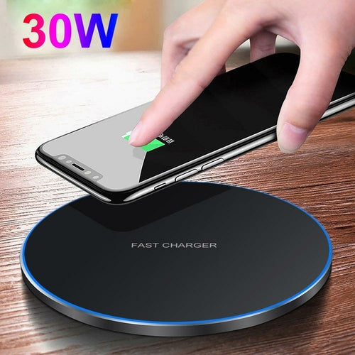 Dragon W9 30W Wireless Charging Pad in black silicone with LED indicator for fast charging and sleek modern design.