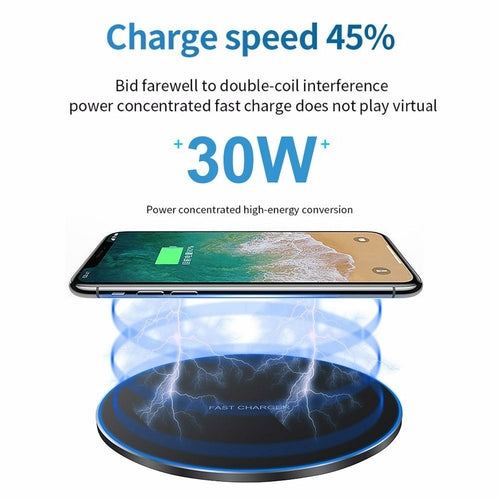 Dragon W9 30W Wireless Charging Pad in black with smooth finish, demonstrating fast charging for smartphones and compatible devices.