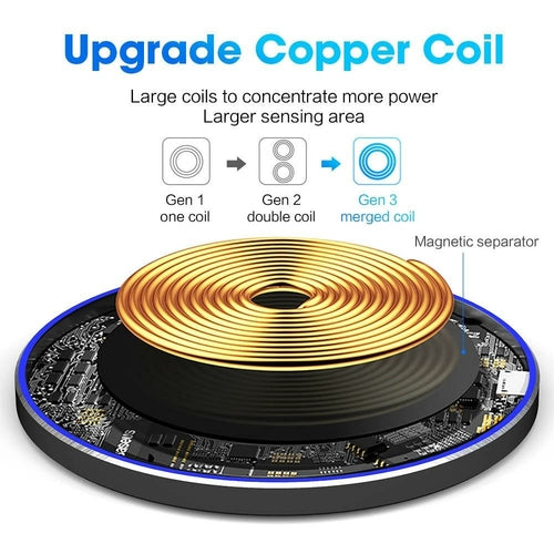 Dragon W9 30W Wireless Charging Pad in black with smooth surface, designed for fast charging smartphones and compatible devices.