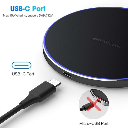 Dragon W9 30W Wireless Charging Pad in black with smooth surface, designed for fast charging smartphones and compatible devices.