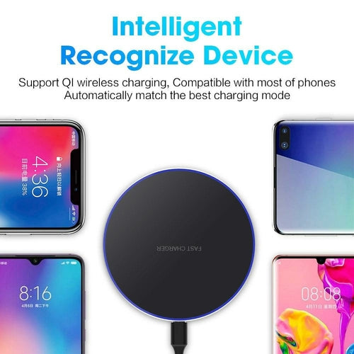 Dragon W9 30W Wireless Charging Pad in black with LED indicator, designed for fast charging compatibility and sleek modern look.